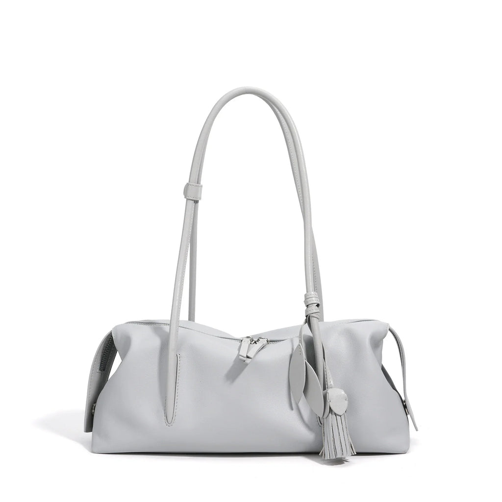 Dove Grey Soft Leather Pillow Shoulder Bag with Tassel Charm