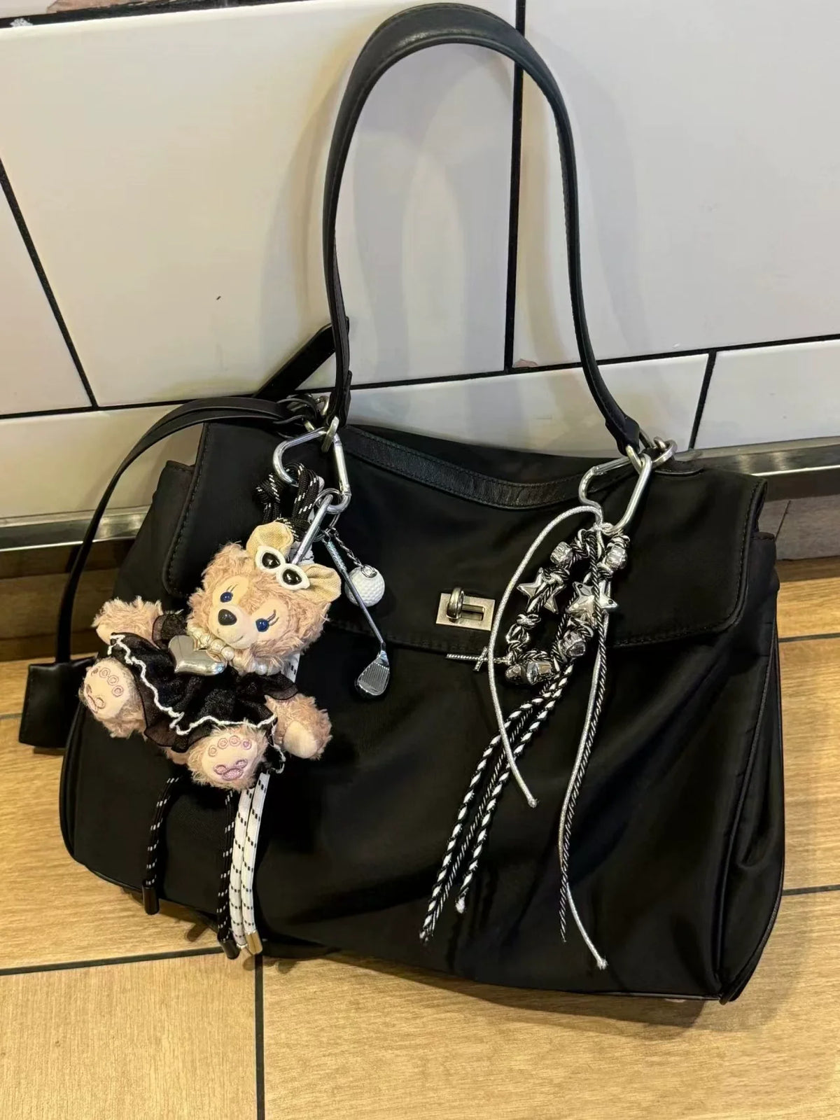 Black Nylon Large Top Handle Tote with Silver Turn-Lock Clasp