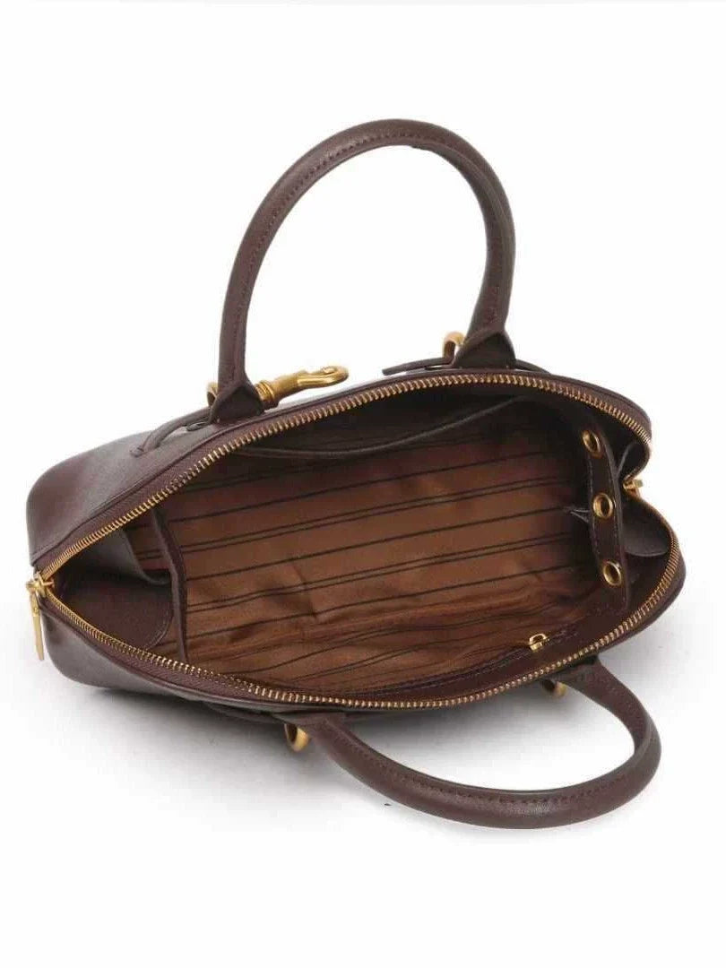 Dark Chocolate Pebbled Leather Mini Bowling Bag with Equestrian Hook