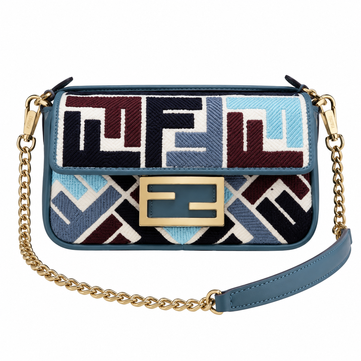Fendi FF Mini Baguette Shoulder Bag – Jacquard Canvas & Leather Trim, Flap Closure, 19cm
